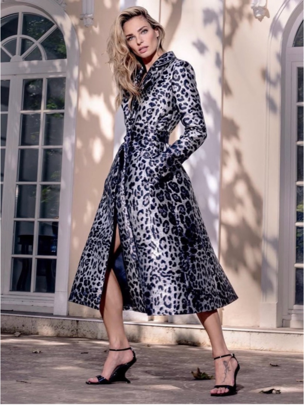 ABS Silver Label Black Grey Leopard Print Belted Trench Coat Jacket XS Statement